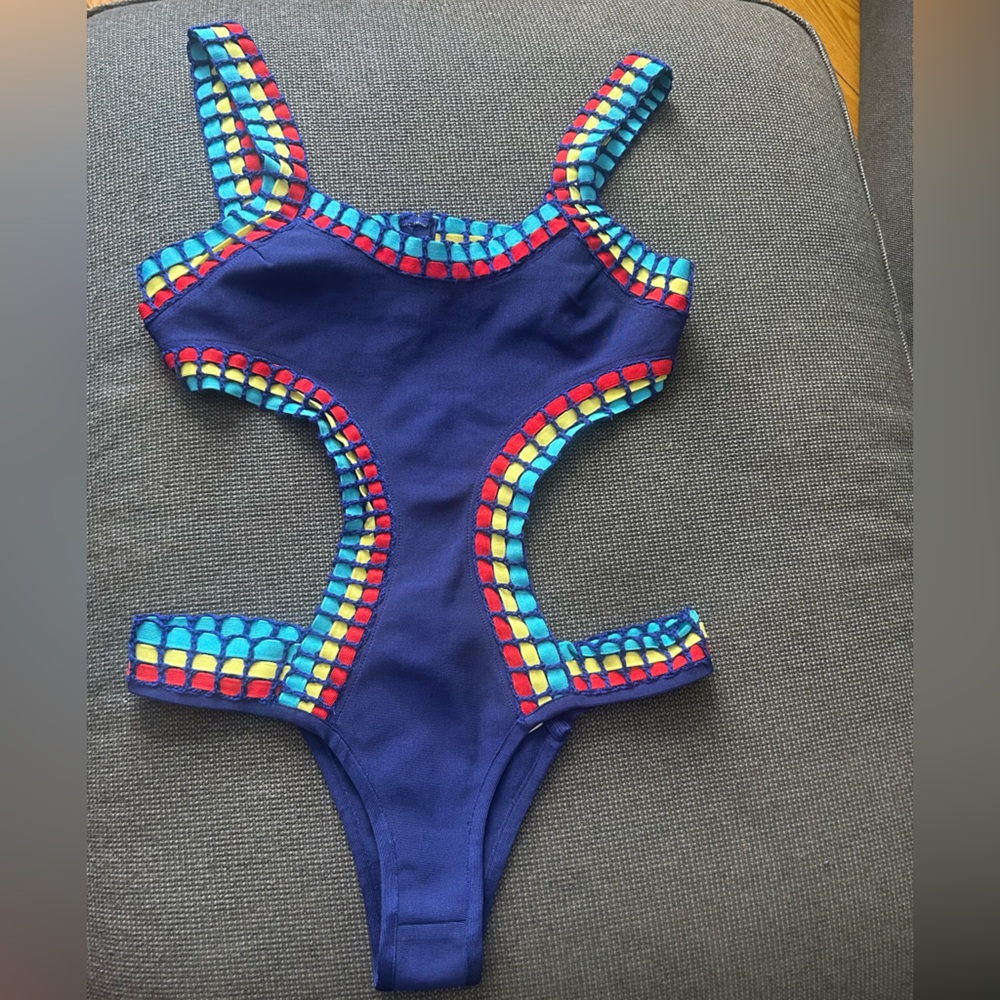 WOW Couture Blue Crochet Trim Cutout One Piece Swimsuit Size L